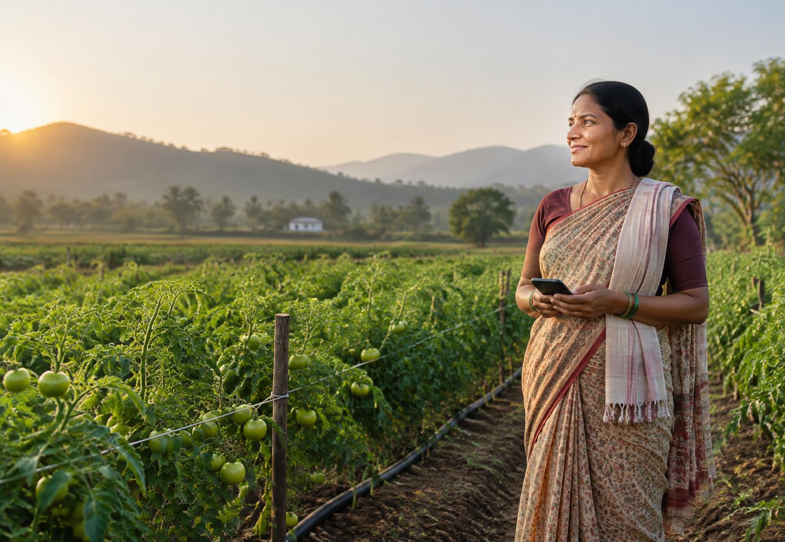 Indian farmer standing in a tomato field